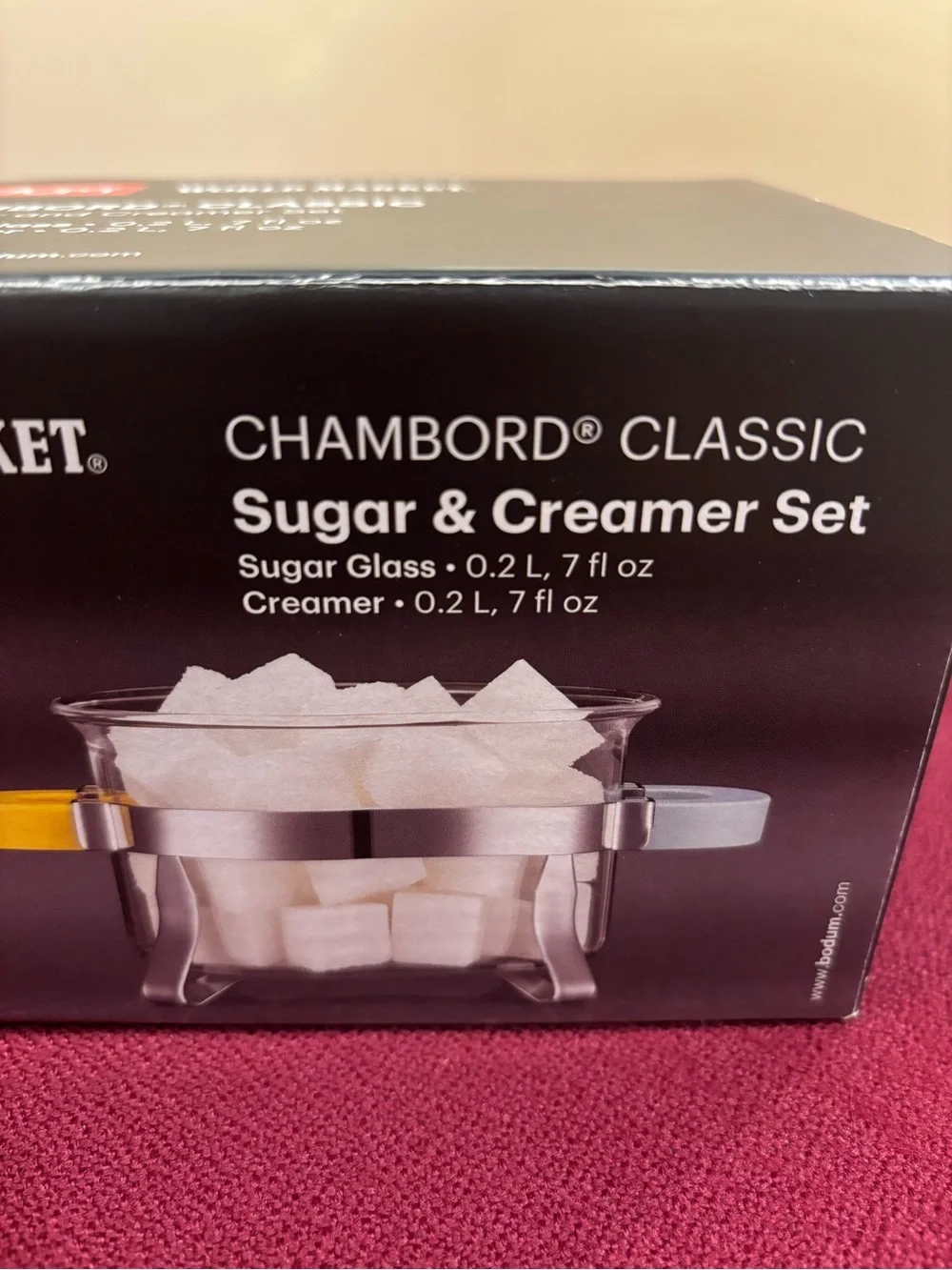 BODUM CHAMBORD CLASSIC SUGAR & CREAMER SET WITH YELLOW & BLUE HANDLES New in Box